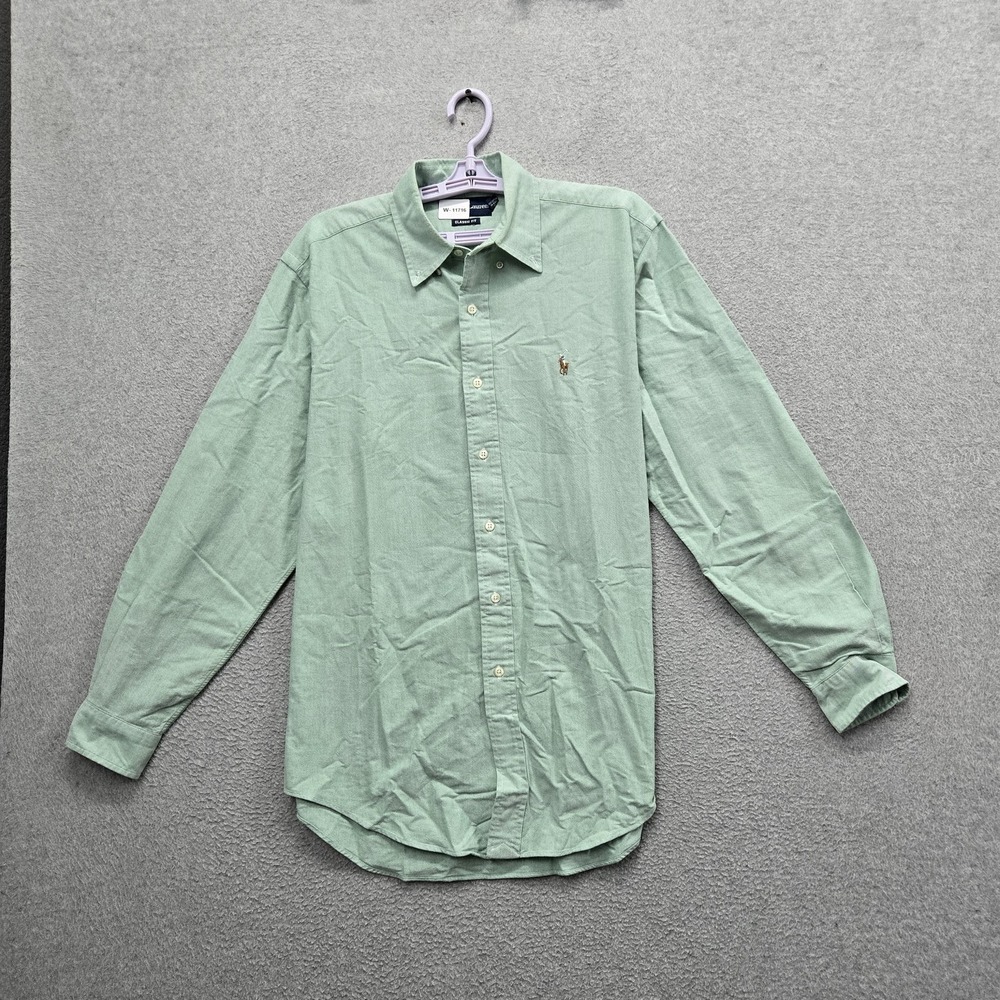 Ralph Lauren Men Button Up Shirt 15.5 Green Embroidered Classic Chambray